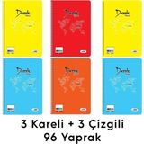 Mikasso 6 Adet 96 Yaprak Spiralli Kaliteli Defter Seti - Kareli ve Çizgili Sert Spiralli Kareli 96 Yaprak Bü - Çok Renkli