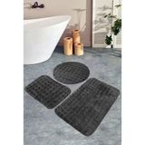 Mikasso (60X100 60X40 60X60) Antrasit Puffy Peluş Kabartma 3lü Banyo Paspası Klozet Takımı Polyester Gri - Çok Renkli