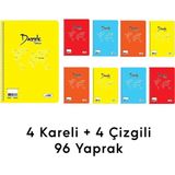 Mikasso 8 Adet 96 Yaprak Spiralli Kaliteli Defter Seti - Kareli ve Çizgili Sert Spiralli Kareli 96 Yaprak Bü - Çok Renkli