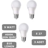 Mikasso 9W E27 LED Ampul 4000K Gün Işığı Işık (3 Adet) - Çok Renkli