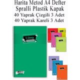 Mikasso A4 Okul Defteri Spiralli Plastik Kapak 40 Yaprak Çizgili 3 Adet ve 40 Yaprak Kareli 3 Adet Spralli H - Çok Renkli