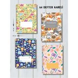 Mikasso A4 Spiralli Karton Kapak - 4’lü Set - Kareli - Okul Defteri - 80 Yaprak Sert Spiralli Çizgili Orta B - Çok Renkli