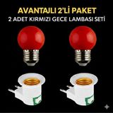 Mikasso Açma Kapama Anahtarlı Duy Fişli + 1W Tasarruflu Renkli E27 LED Gece Lambası Kırmızı Işık 2 Adet