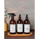 Mikasso Ahşap Standlı 3'lu Amber 500ML Cam Bulaşık Deterjan Sıvı Sabun Yüzey Temizleyici Sabunluk Seti Cam K - Çok Renkli