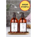 Mikasso Ahşap Stantlı 2'li Amber Cam Sıvı Sabun Bulaşık Deterjanı Şişesi Sabunluk 500ML Sb-Bb Cam Sarı - Çok Renkli