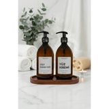 Mikasso Ahşap Stantlı 2'li Amber Tombul Şişe Cilt Bakım Yağı ve Yüz Kremi 500ML Amber Cam Şişe 2 Adet Cam Ço - Çok Renkli