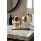 Mikasso Ahşap Top Kapaklı Cam Banyo Organizer Seti 2'li - Standlı Banyo Düzenleyici Set Cam Şeffaf - Çok Renkli