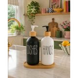 Mikasso Bambu Altlıklı Bambu Kapaklı Ikili Cam Sıvı Sabunluk ve Deterjan Seti (500ML+500ML) Cam Beyaz - Çok Renkli