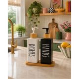 Mikasso Bambu Altlıklı Ikili Kare Cam Sıvı Sabunluk Deterjan SETI(500ML+500ML) Cam Beyaz - Çok Renkli