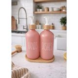 Mikasso Bambu Kapaklı ve Bambu Altlıklı - 2'li Cam Sıvı Sabunluk & Deterjanlik Seti 500 ml Cam Pembe - Çok Renkli