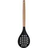Mikasso Bambu Saplı Silikon Kevgir 32 cm Siyah Isıya Dayanıklı Delikli Servis Kevgiri Silikon