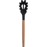 Mikasso Bambu Saplı Silikon Makarna Servis Kaşığı 32 cm Siyah Isıya Dayanıklı Delikli Servis Kepçesi Bambu S