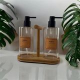 Mikasso Bambu Standlı 2'li Sıvı Sabunluk ( 520 ml ) Cam Krem - Çok Renkli