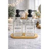 Mikasso Bambu Standlı Cam Sıvı Sabunluk Seti – 2’li (500 ml + 500 Ml) Cam Gri - Çok Renkli
