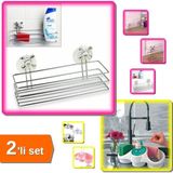 Mikasso Banyo Dörtgen Organizeri Vantuzlu + Sünger Hazneli Sıvı Sabunluk Deterjanlık - 2li Set X5R1D1 Plasti - Çok Renkli
