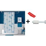 Mikasso Banyo Duş Perdesi 7085 110X200 Perde Borusu Askı Aparatı 90X130 Hediyeli Mavi - Çok Renkli