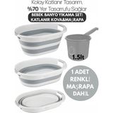 Mikasso Banyo Su Kovası Katlanabilir Beyaz-Gri- Maşrapa Renkli -2'li Bebek Banyo Seti Katlanır Kova Gri - Çok Renkli