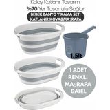 Mikasso Banyo Su Kovası Katlanabilir Beyaz-Gri- Maşrapa Renkli -2'li Bebek Banyo Seti Katlanır Kova Mavi - Çok Renkli