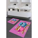 Mikasso Baskılı Kaymaz Yıkanabilir Baykuş Desen Banyo Paspası 2'li Klozet Takımı Halısı Polyester Pembe - Çok Renkli