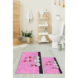 Mikasso Baskılı Yıkanabilir Kaymaz Kalipli Kediler Desenli Ikili Banyo Halısı Klozet Takımı Polyester Pembe - Çok Renkli