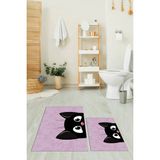 Mikasso Baskılı Yıkanabilir Kaymaz Kedi Desenli Ikili Banyo Halısı Paspas Klozet Takımı Polyester Pembe - Çok Renkli