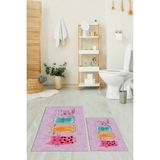 Mikasso Baskılı Yıkanabilir Kaymaz Renkli Kediler Desenli Ikili Banyo Halısı Klozet Takımı Polyester Pembe - Çok Renkli