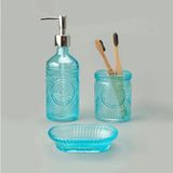 Mikasso Bath 3'lü Cam Banyo Sıvı Sabunluk Seti - Mavi Cam Mavi - Çok Renkli