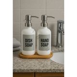 Mikasso Beyaz Cam Ikili Sıvı Sabunluk Seti Dish & Hand Soap Yazılı Bambu Standlı Mutfak Banyo Şampuanlık Cam - Çok Renkli