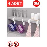 Mikasso Beyaz Metal Yapışkanlı 4lü Askılık, Yapışkanlı Kanca, Mutfak Banyo Havluluk ve Organizer MT108B Meta