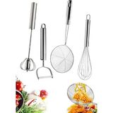 Mikasso Çelik Yumurta Çırpıcısı Tel + Basmalı Çelik Çırpıcı + Çelik Kevgir Kızarta Süzgeç + Julyen Soyacak P
