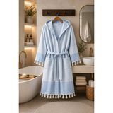 Mikasso Çizgili %100 Pamuk Pike Bornoz Kapüşonlu Unisex Premium Seri %100 Pamuk Mavi Cepli - Çok Renkli