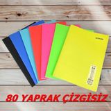Mikasso Çizgisiz 4 Adet A4 80 Yaprak Dikişli Neon Renkler Plastik Kapak Defter 60GR Beyaz Sayfa (Karma Renk) - Çok Renkli