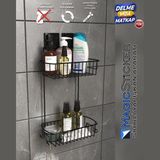 Mikasso Decor-Tel Sihirli Yapışkanlı Iki Katlı Dikdörtgen Köşelik - Banyo Köşeliği - Şampuanlık Metal Siyah - Çok Renkli