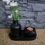 Mikasso Dekoratif Mini Bohem Vazo ve Lotus Mumluk Standlı 3 Lü Set( Banyo, Salon Dekor Biblo ) Siyah Taş Toz - Çok Renkli