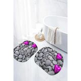 Mikasso Dijital Kaymaz Taban Yıkanabilir Kalpli Taş Model Oval Banyo Paspası Klozet Takımı Polyester Çok Ren - Çok Renkli