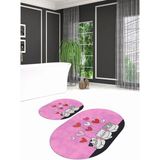 Mikasso Dijital Kaymaz Yıkanabilir Kedi Desen Oval Banyo Takımı Klozet Takımı, N-O-Klozet-42-Pembe, Polyeste - Çok Renkli