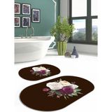 Mikasso Dijital Yıkanabilir Kaymaz Taban Çiçek Motifli Oval Banyo Paspası Klozet Takımı Polyester Kahverengi - Çok Renkli