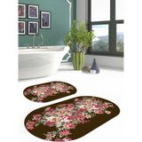 Mikasso Dijital Yıkanabilir Renkli Çiçek Desenli Oval Banyo Paspası Klozet Takımı Polyester Kahverengi - Çok Renkli