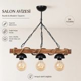 Mikasso Doğal Ahşap Avize 3 Lü Halatlı Avize Şapkalı Rustik Tasarım Ahşap 3 E27 Beyaz Salon / Oturma Odası - Çok Renkli