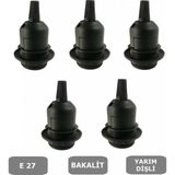 Mikasso E27 Duy Geçmeli Yarım Diş Avize, Abajur, Lambader Duyu Halkalı - Bakalit Siyah (250V-4A) 5 Adet