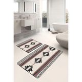 Mikasso Ekru Zeminde Vintage Motifli Geleneksel Geometrik Etnik Motifler 2'li Banyo & Mutfak Paspas Takımı P - Çok Renkli