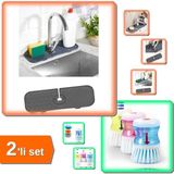 Mikasso Esnek Musluk Lavabo Matı + Deterjan Hazneli Bulaşık Fırçası - 2li Set QRS123 Plastik Çok Renkli