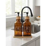 Mikasso Ikili Amber Cam Sıvı Sabunluk Seti – Hand Soap & Dısh Soap | 350ML Bambu Kapaklı | Mutfak & Banyo Or - Çok Renkli