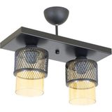 Mikasso Ikili Bal Cam Kafes Model Modern Plafonyer Avize Metal 2 E27 Siyah - Çok Renkli