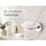 Mikasso Iris Krom Kaplama Sabunluk, Yapışkanlı ve Vidalı Montaj, Duvar Tipi Beyaz Sabun Kabı, 35 mm Oval Ban - Çok Renkli