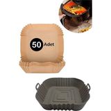 Mikasso ® Isıya Dayanıklı Silikon Airfryer Gri Kare Pişirme Matı 20 cm ve 50 Adet Pişirme Kağıdı Plastik Bey