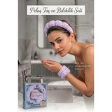 Mikasso Kadın Kutulu Lila Mor Peluş Bombeli Saç Taç & Bileklik Su Emici Banyo ve Makyaj Bandı Spa 2'li Set P - Çok Renkli