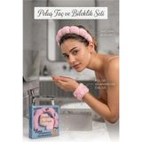 Mikasso Kadın Kutulu Pembe Peluş Bombeli Saç Taç & Bileklik Su Emici Banyo ve Makyaj Bandı Spa 2'li Set Pamu - Çok Renkli