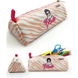 Mikasso Kalem Kutusu Zebra Desenli Üçgen Kalemkutu Jumbo Vegan Deri Kalemlik - Pembe(Nude) Tekstil Pembe - Çok Renkli