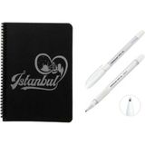Mikasso Kapak Desenli Siyah Defter Siyah Yapraklı Defter - Siyah Sayfalı Defter Beyaz Jel Kalem Sert Spirall - Çok Renkli